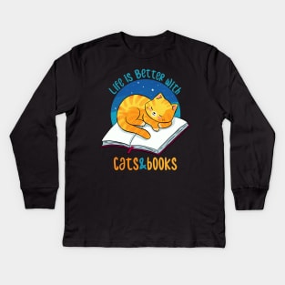 Life is better with cats and books Kids Long Sleeve T-Shirt